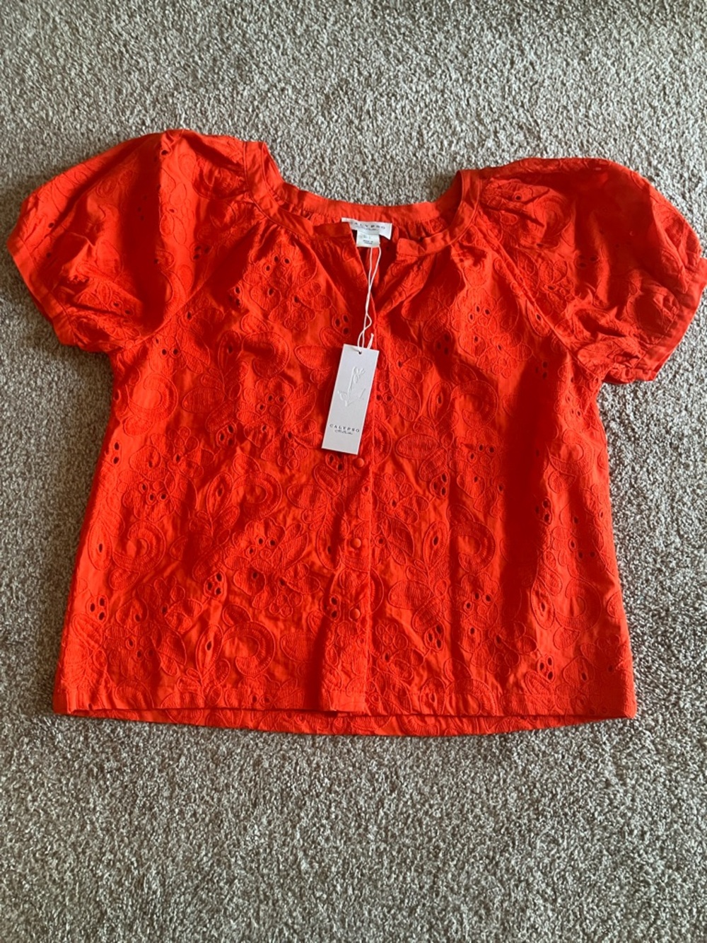 NWT CALYPSO ST. BARTH RED ORANGE EYELET EMBROIDERED BUTTON FRONT PUFF SLEEVE